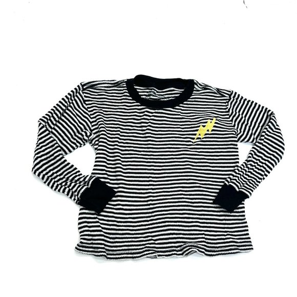 Tiny Whales Striped Lightning Bolt T-Shirt Top 4 4T Kids Black Thermal Waffle - Picture 1 of 3